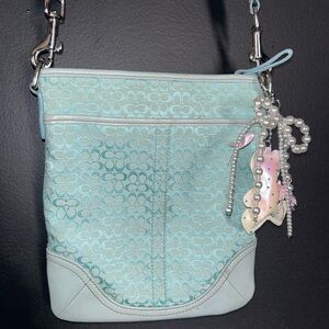 Coach Light Blue Signature Crossbody Bag with Pearl Charm